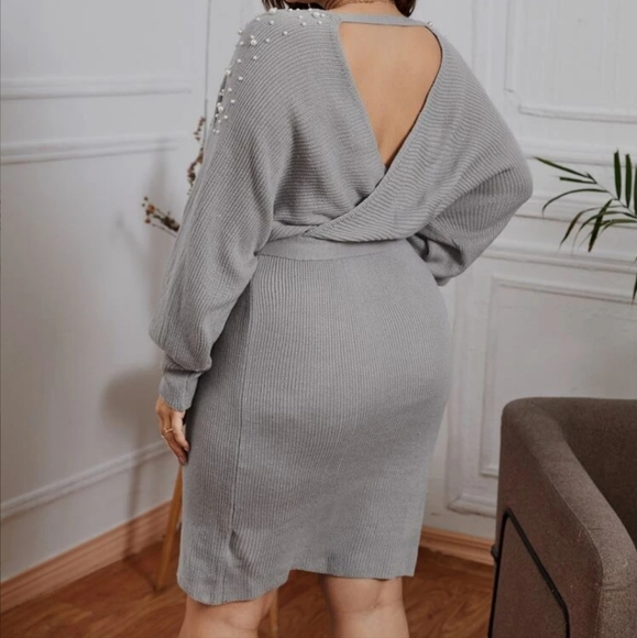 Pearl Beaded Cut Out Bsck Dolman Sleeve Sweater Dress - Picture 2 of 4